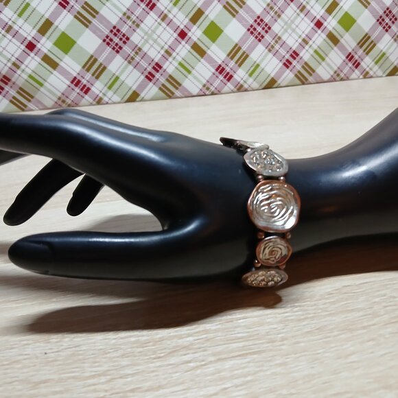 Vintage Bronze Tone Brown Flat Bead Stretch Bracelet Cuff #27 - Picture 6 of 13